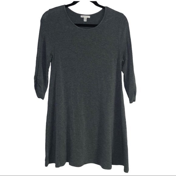Garnet Hill Gray Stretchy Knit 3/4 Ruched Sleeve Dress Size Small - Picture 1 of 5